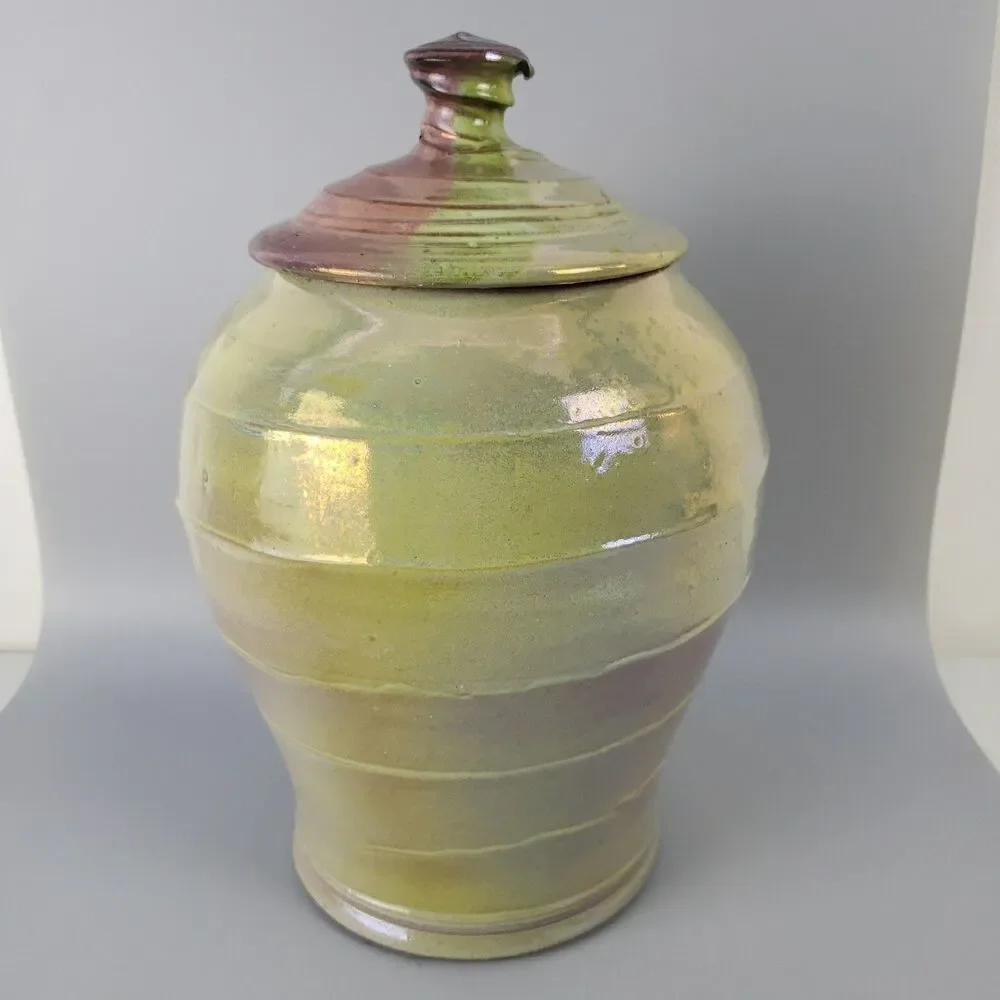 Studio Art Pottery Ginger Jar Lidded Iridescent Glaze Canister Swirl Signed 1991